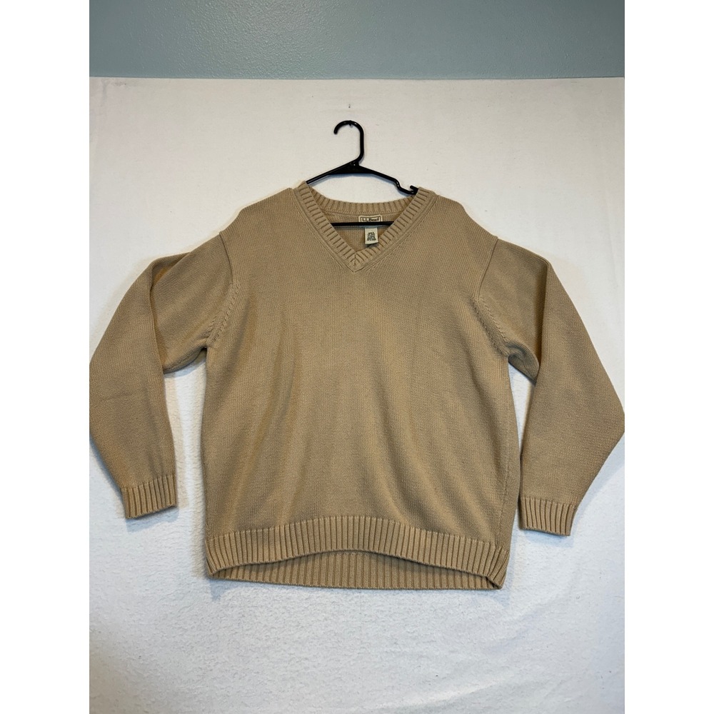 LL Bean Mens V-Neck Sweater Tan Beige 100% Cotton Pullover Large LG-REG 0FW82